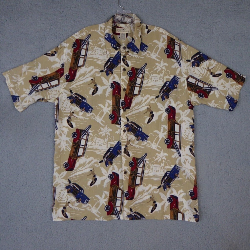 Vintage Woodies Hawaiian Shirt Mens Large Natural Issue Surf Button Down Rayon